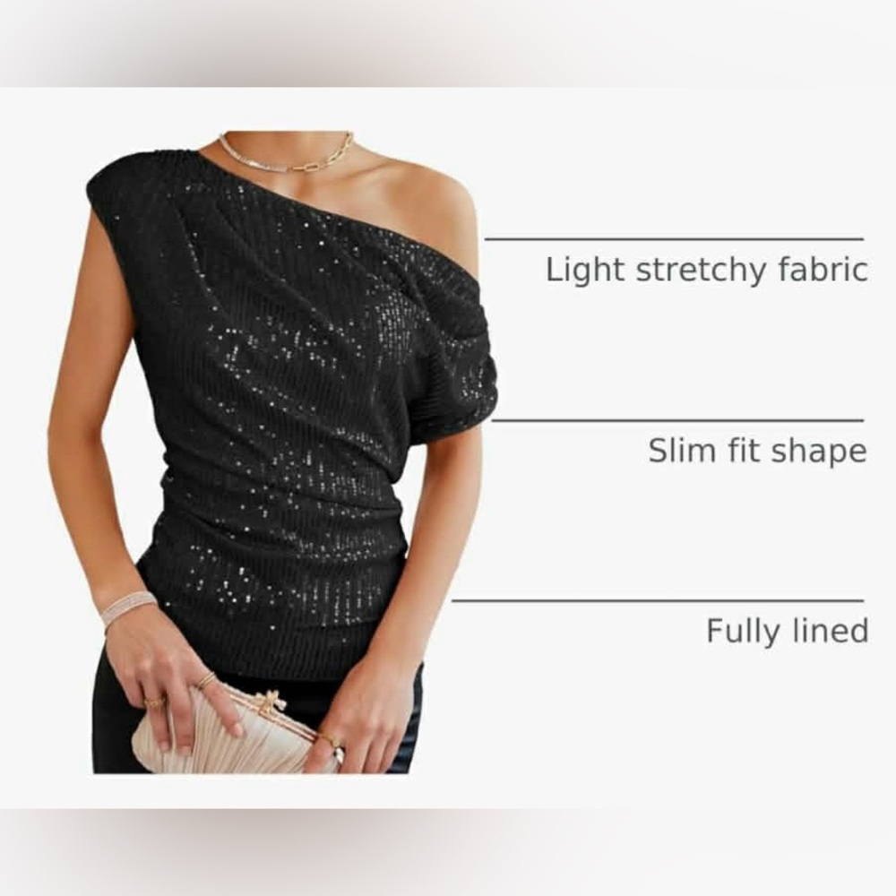 Grace Karin Black Sequin Off the Shoulder Ruched Blouse - Picture 4 of 9